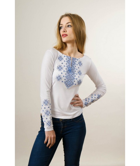 Молодежная женская вышитая футболка белого цвета «Голубой карпатский орнамент» XXL