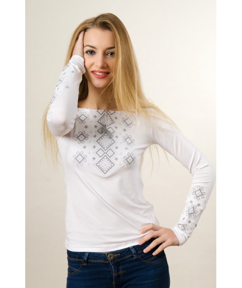 Женская вышитая футболка белым по белому "Нежный карпатский орнамент» XL