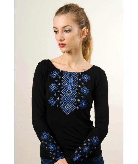 Stylish embroidered shirt with long sleeves in black “Carpathian ornament (blue embroidery)” S
