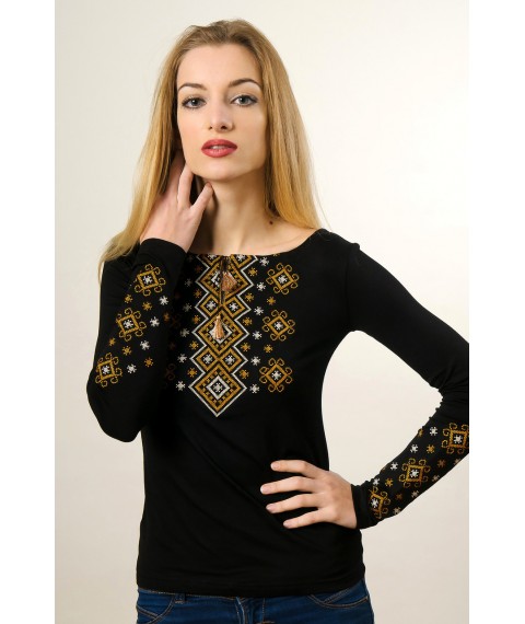 Женская вышиванка с длинным рукавом черного цвета «Карпатский орнамент (коричневая вышивка)» XXL