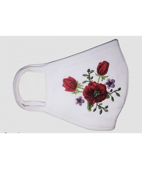 Embroidered protective mask white with flowers