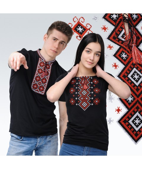 Set bestickte T-Shirts f?r Mann und Frau (rote Stickerei)