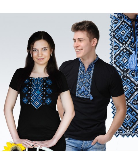 Black women's embroidered shirt with a wide neck in black “Carpathian ornament (blue embroidery)” XXL