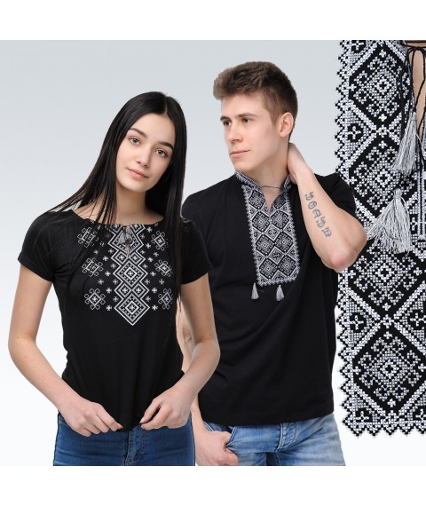 Women's black embroidered shirt with short sleeves “Carpathian ornament (gray embroidery)”