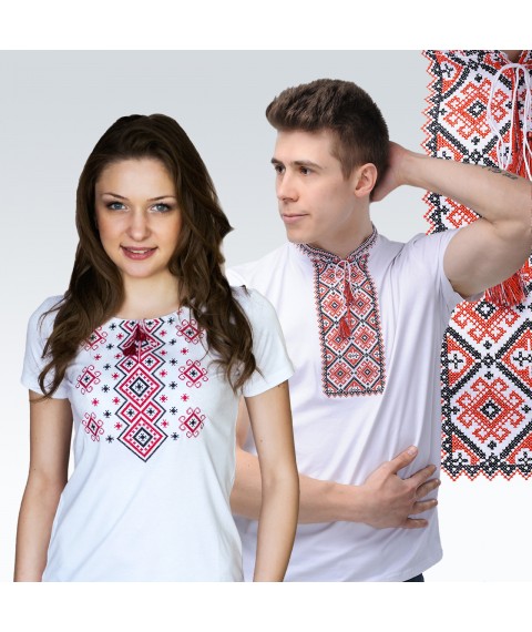Комплект белых вышитых футболок для мужчины и женщины (красная вышивка)