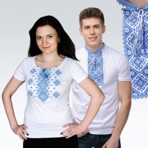 Set wei?e bestickte T-Shirts f?r Mann und Frau (blaue Stickerei)