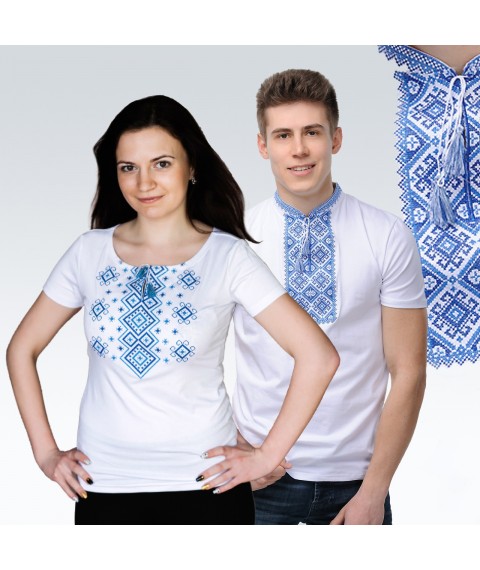 Set of white embroidered T-shirts for man and woman (blue embroidery)