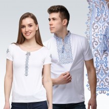 Комплект белых вышитых футболок для мужчины и женщины ( синяя вышивка)