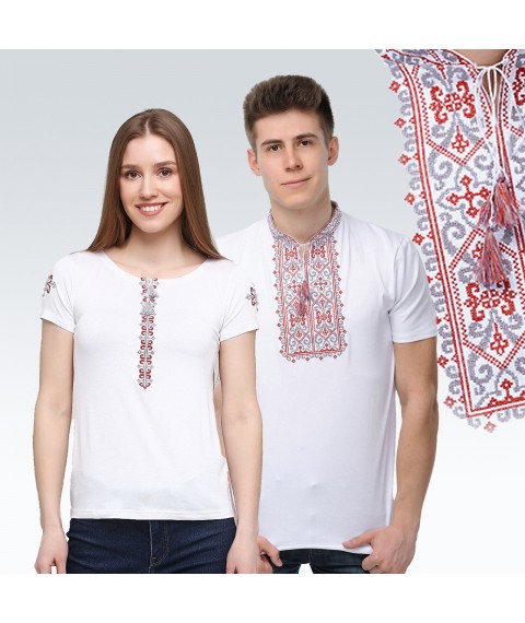 Set of white embroidered T-shirts for man and woman (cherry embroidery)