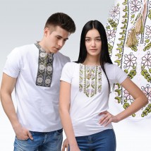 Set of white embroidered T-shirts for man and woman (green embroidery)