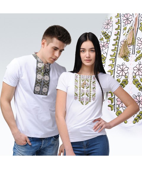 Комплект белых вышитых футболок для мужчины и женщины ( зеленая вышивка)