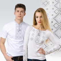 Комплект белых вышитых футболок для мужчины и женщины ( серая вышивка)