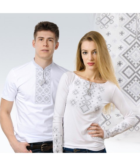 Комплект белых вышитых футболок для мужчины и женщины ( серая вышивка)