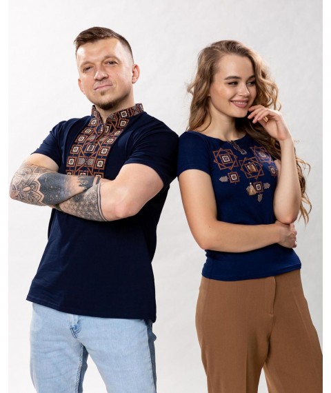 Комплект черных вышитых футболок для мужчины и женщины " Оберег ( коричневая вышивка) "