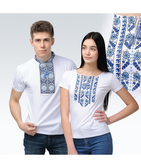 Set of white embroidered T-shirts for man and woman (blue embroidery)