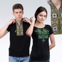 Комплект черный вышитых футболок для мужчины и женщины ( зеленая вышивка)