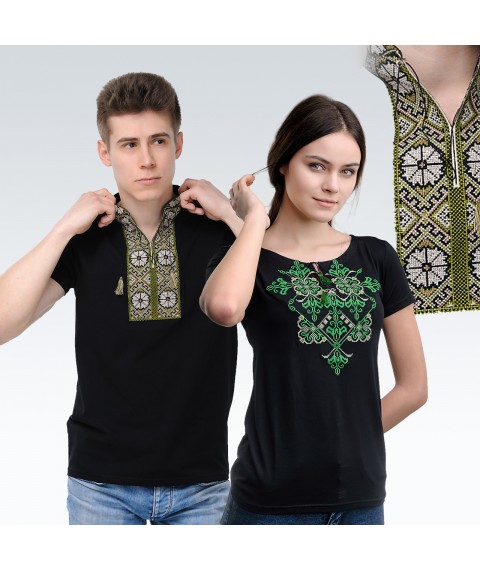 Комплект черный вышитых футболок для мужчины и женщины ( зеленая вышивка)