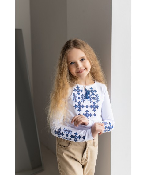 Вышитая футболка с длинным рукавом для девочки с геометрическим орнаментом «Звездное сияние (синяя)» 110