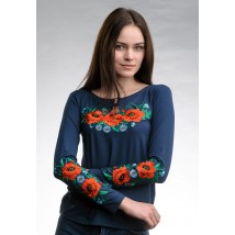 Women's embroidered T-shirt dark blue with long sleeves “Poppy Field”