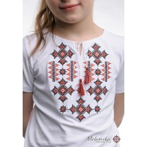 Вышитая футболка для девочки белого цвета с геометрическим орнаментом «Звездное сияние (красная)» 116