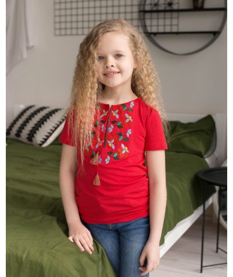 Вышитая футболка для девочки в красном цвете «Берегиня» 110