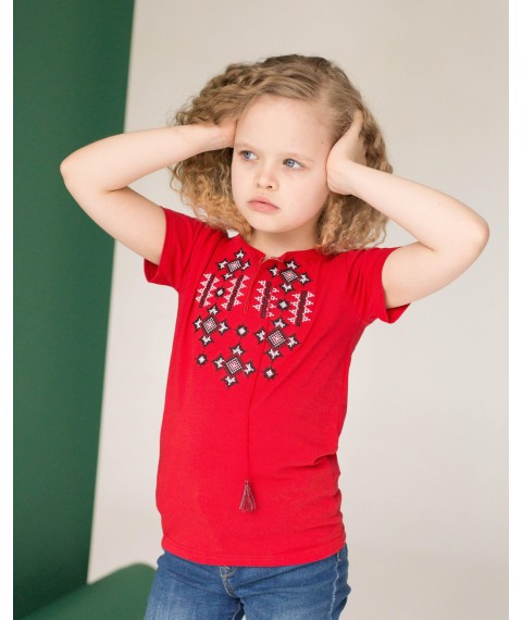 Яркая вышитая футболка для девочки в красном цвете «Звездное сияние на красном» 104