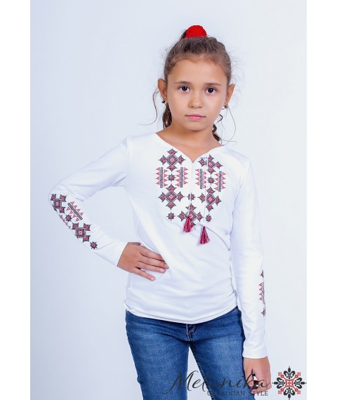 Embroidered T-shirt with a long sleeve for a girl with a geometric pattern "Starlight (red)" 98