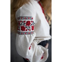 Вышитая блузка для девочки с длинным рукавом с цветочным орнаментом «Розочки» лен 134