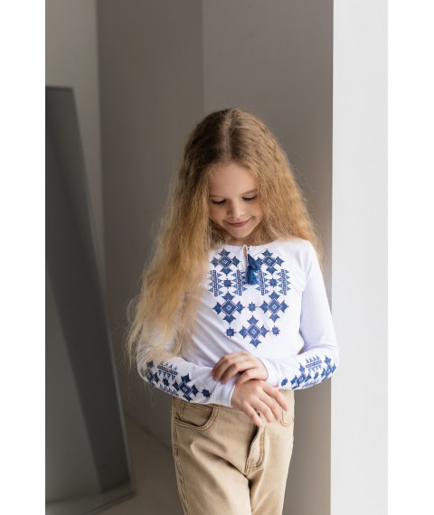 Вышитая футболка с длинным рукавом для девочки с геометрическим орнаментом «Звездное сияние (синяя)» 92