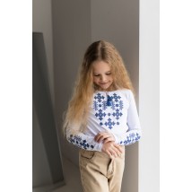 Вышитая футболка с длинным рукавом для девочки с геометрическим орнаментом «Звездное сияние (синяя)» 110