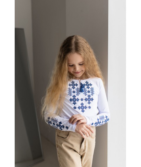 Embroidered T-shirt with long sleeves for girls with a geometric pattern "Starlight (blue)" 158