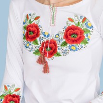 Embroidered T-shirt for girls with long sleeves with poppies on the chest “Poppy color” 98