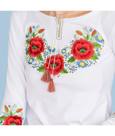 Embroidered T-shirt for girls with long sleeves with poppies on the chest “Poppy color” 98