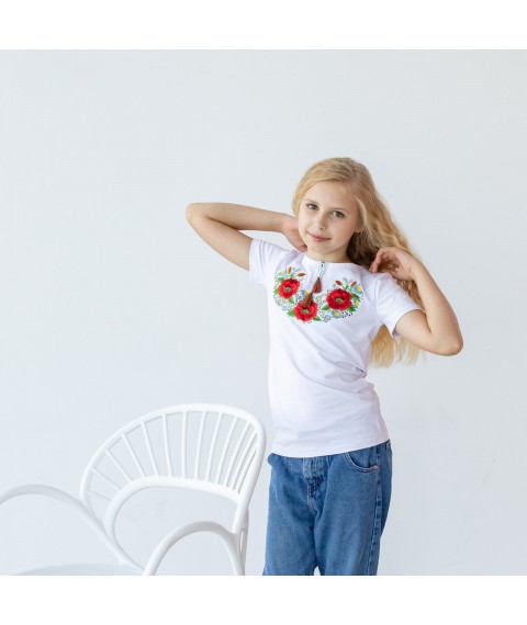 Вышитая футболки для девочки с маками на груди «Маковый цвет» 104