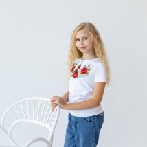 Embroidered T-shirt for girls with poppies on the chest “Poppy color” 122