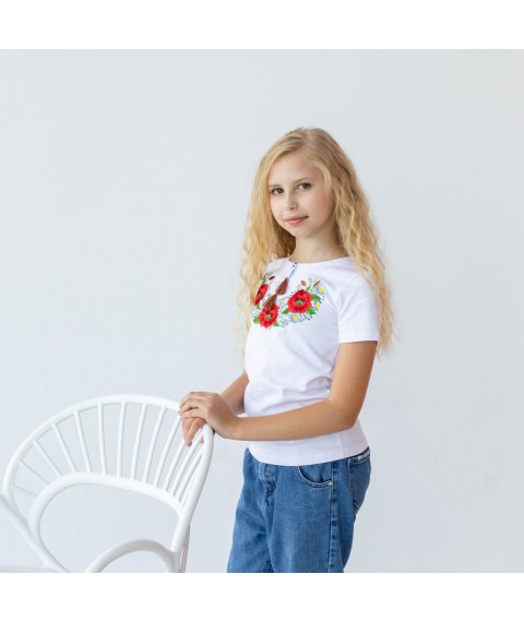 Embroidered T-shirt for girls with poppies on the chest “Poppy color” 146