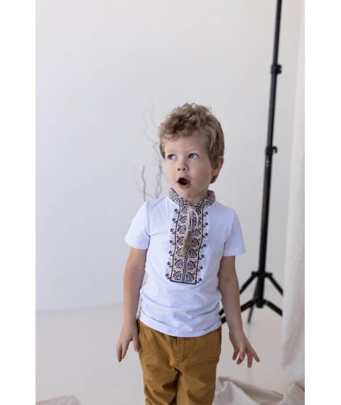 Вышитая футболка для мальчика с коротким рукавом Дем'янчик (бежевая вышивка) 152