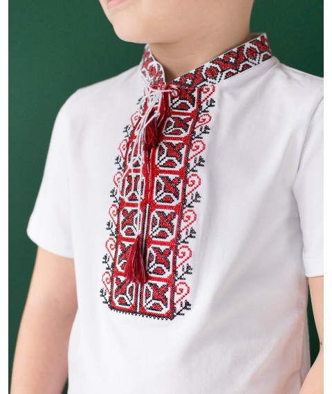 Embroidered T-shirt for boy with short sleeves Dem'yanchik (red embroidery) 98