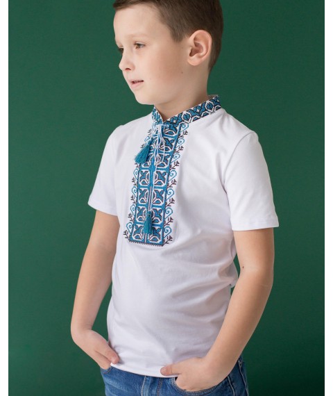 Вышитая футболка для мальчика с коротким рукавом Дем'янчик (синяя вышивка) 92