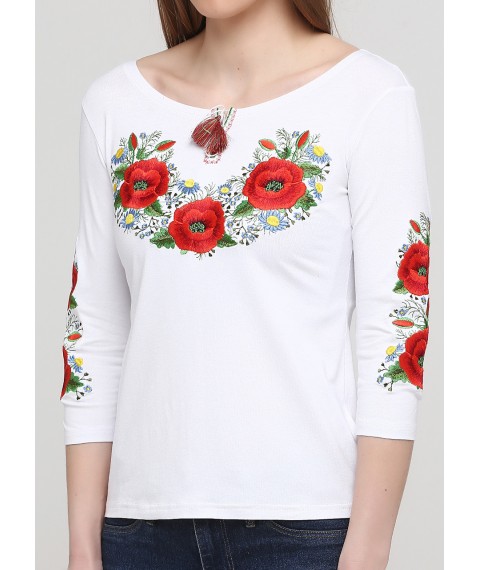 Женская вышитая футболка с рукавом 3/4 «Маків Цвіт» XL