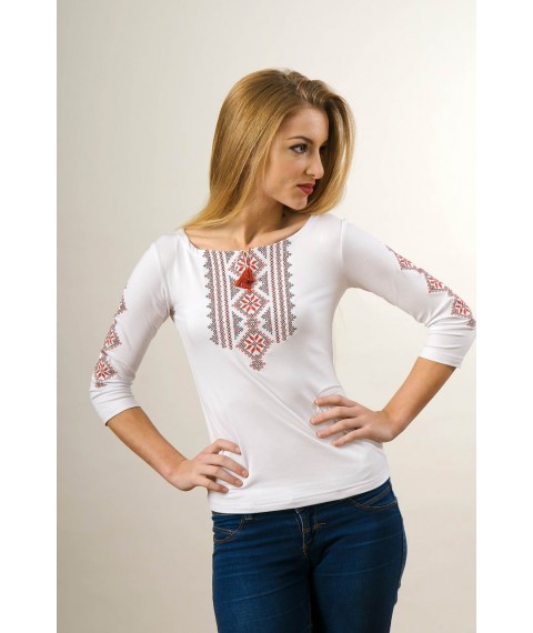 Besticktes Damen-T-Shirt mit weißen 3/4-Ärmeln mit rotem Ornament „Hutsulka“ L