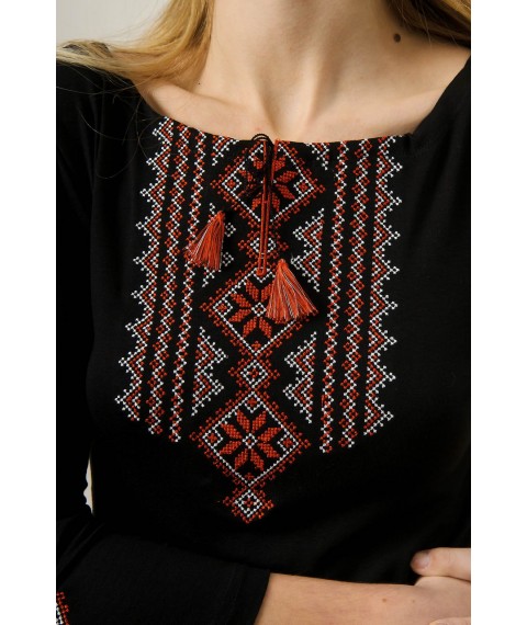 Youth women's embroidered T-shirt with 3/4 sleeves in black with red “Hutsulka” ornament XL