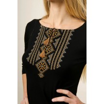 Женская вышитая футболка с рукавом 3/4 черного цвета с коричневым геометрическим орнаментом «Гуцулка» S
