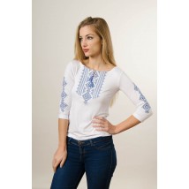 Повседневная женская вышиванка с рукавом 3/4 белого цвета с синей вышивкой «Гуцулка» XXL