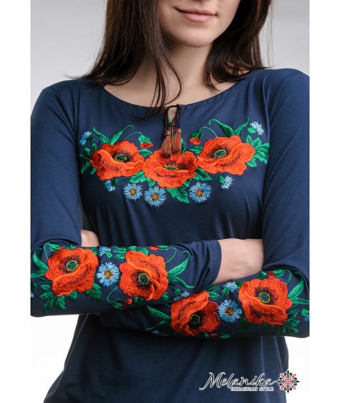 Women's embroidered T-shirt dark blue with long sleeves “Poppy Field” L