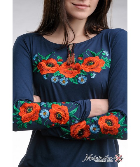 Women's embroidered T-shirt dark blue with long sleeves “Poppy Field” XXL