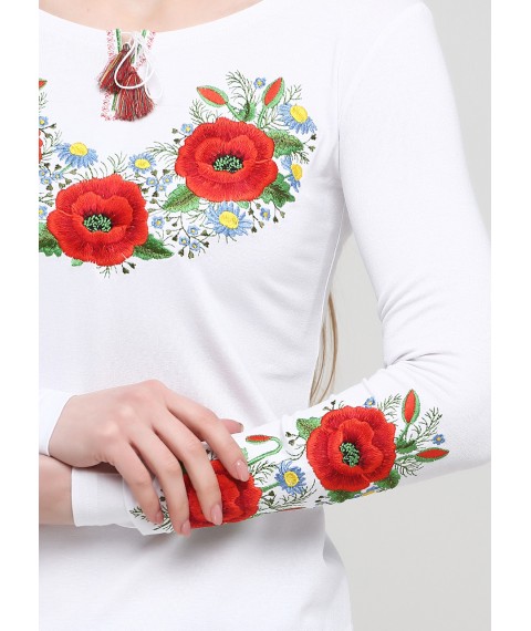 Женская вышитая футболка с длинным рукавом «Маковий цвіт» L