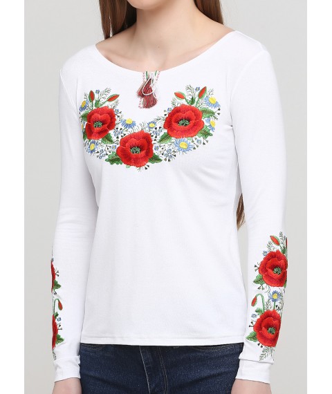 Женская вышитая футболка с длинным рукавом «Маковий цвіт» XL