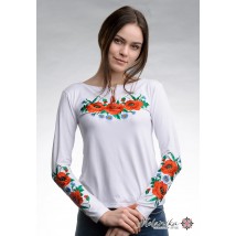 Белая женская вышитая футболка с длинным рукавом в украинском стиле «Маковое поле» L