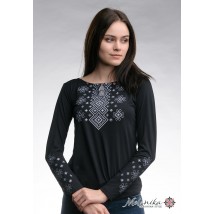 Trendiges schwarzes Damen Langarm T-Shirt bestickt "Gray Carpathian Ornament" S